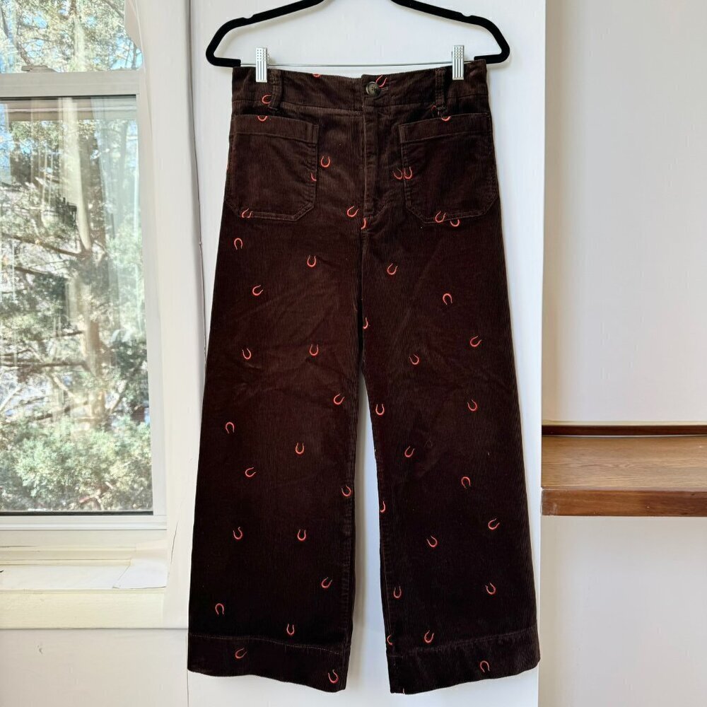 Anthropologie The Colette Cord Wide Leg Pants Horse Print Brown